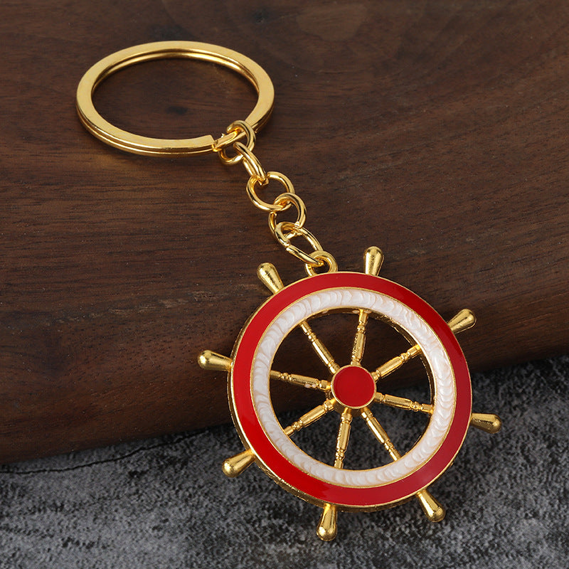 Nautical Anchor and Ship Wheel Metal Keychain with Blue White Charms