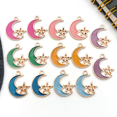 Colorful moon charms arranged on a light background
