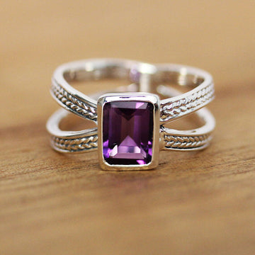 Silver Split Rope Band Purple Emerald Cut Stone Ring 6-11