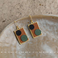 Gold Frame Rectangle Fabric Dangle Earrings Black Green Circles view 4