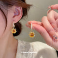 Orange Sunflower Drop Earrings With Crystal Hooks With Polished Metal Tone Details view 1