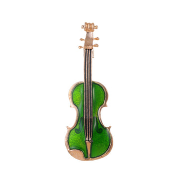 Green Gold Tone Violin Enamel Two Designs Metal Brooch Pin