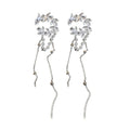 Silver Tone Crystal Crescent Pearl Chain Tassel Clip Earrings view 5