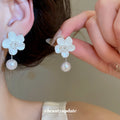 White Flower Stud Earrings With Pearl Drops Jewelry Pair view 1