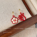 Asymmetric Red Enamel Fu Flower Rabbit Drop Stud Earrings view 1