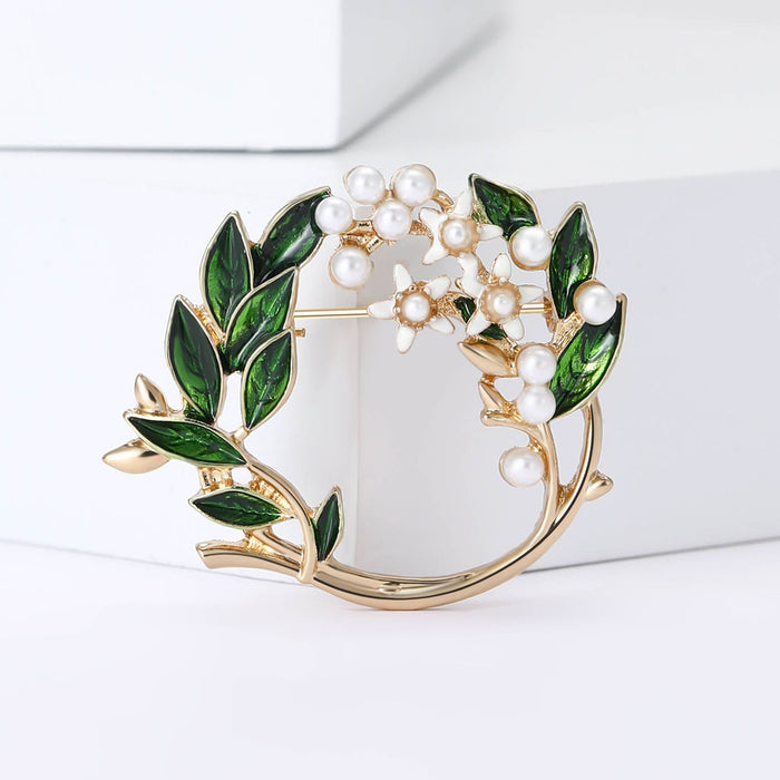 Gold Tone Green Enamel Leaf Wreath Pearl Flower Brooch
