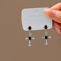 Black Stone Silver Tone Ornate Cross Long Earrings view 1