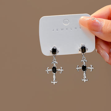 Black Stone Silver Tone Ornate Cross Long Earrings