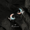 Silver Tone Pink Aqua Crescent Moon Butterfly Stud Earrings view 2