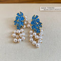 Blue Leaf and Pearl Cluster Drop Earrings Jewelry Pair view 6