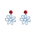 Blue Wire Flower and Red Rose Stud Earrings With Metal Details view 5