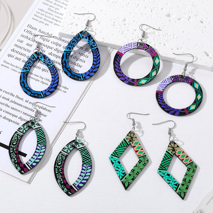 Silver Tone Colorful Patterned Openwork Acrylic Hook Earrings