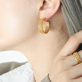 Woven Mesh Multi-Row C-Hoop Stud Earrings Gold Steel view 4