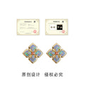 Gold Tone Blue Purple Enamel Four Petal Square Flower Stud Earrings view 3
