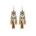 Floral Bead and Brown Tassel Statement Long Hook Earrings view 5