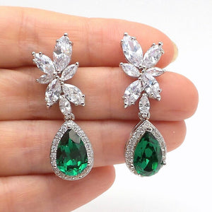 Silver Tone Green Teardrop Crystal Leaf Earrings Fashion Jewelry