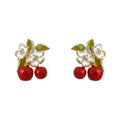 Gold Tone Green Leaf White Flower And Red Cherry Stud Earrings view 5