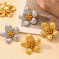 Textured Five Petal Flower Stud Earrings Gold Or Two Tone view 4