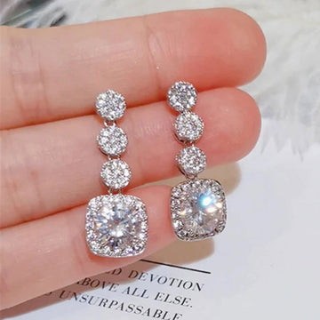 Silver Full Pavé Geometric Square Halo Drop Earrings