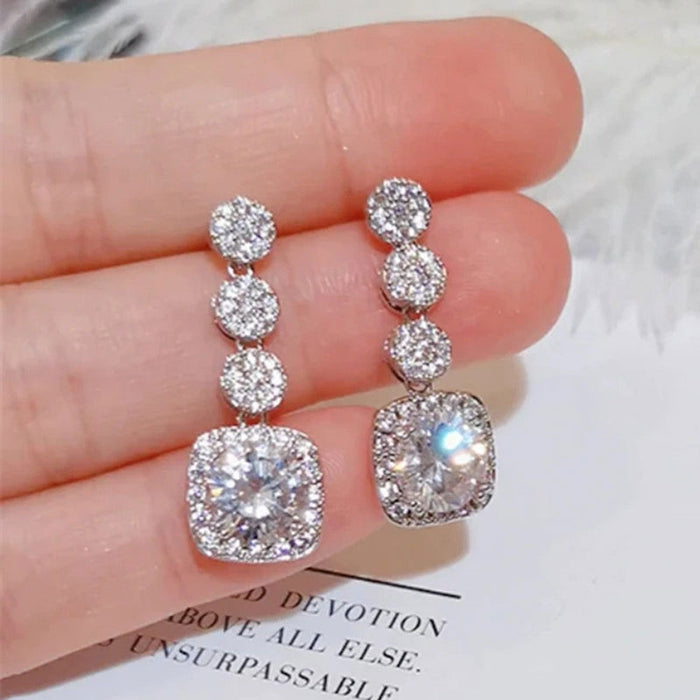 Silver Full Pavé Geometric Square Halo Drop Earrings
