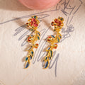 Colorful Floral Vine Gold Tone Extra Long Stud Earrings view 6