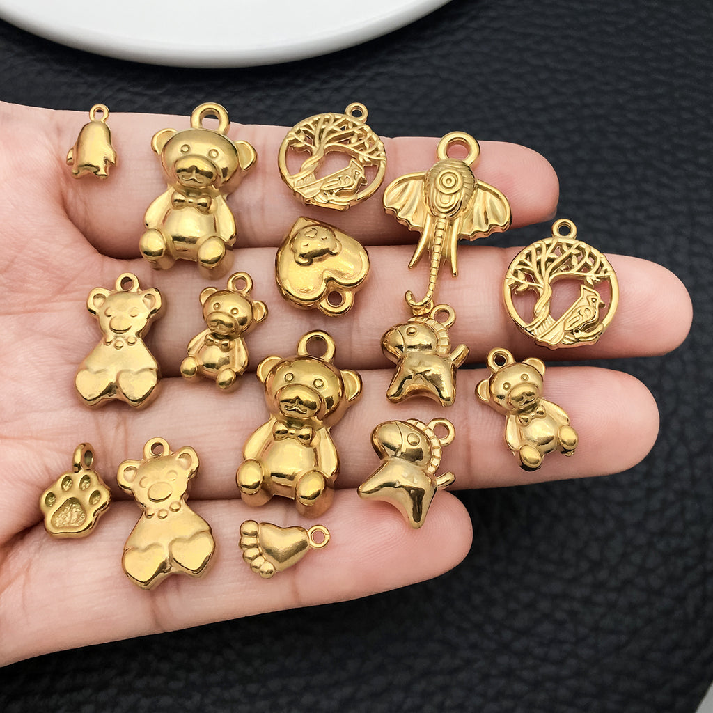 Gold Stainless Steel Bear Penguin Elephant Charm Pendants for DIY Bracelet Necklace