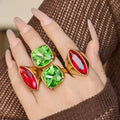Gold Tone Marquise Red and Cushion Green Glass Stone Rings view 4