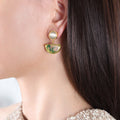 Gold Steel Cats Eye Green Resin Half Moon Drop Earrings view 3