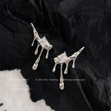 Silver Molten Drip Square Crystal Stud Earrings Pair