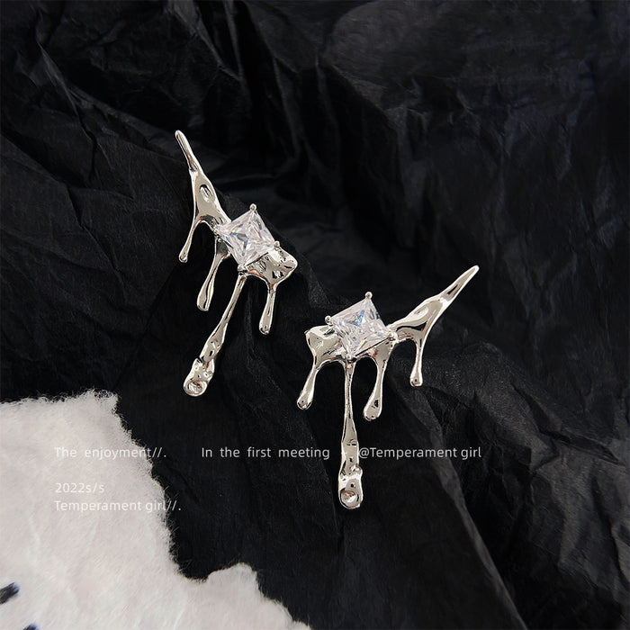 Silver Molten Drip Square Crystal Stud Earrings Pair