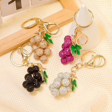 Rhinestone Grape Cluster Keychain Green Leaf Charm Options