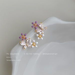 Purple and White Enamel Flower Stud Earrings with Cubic Zirconia