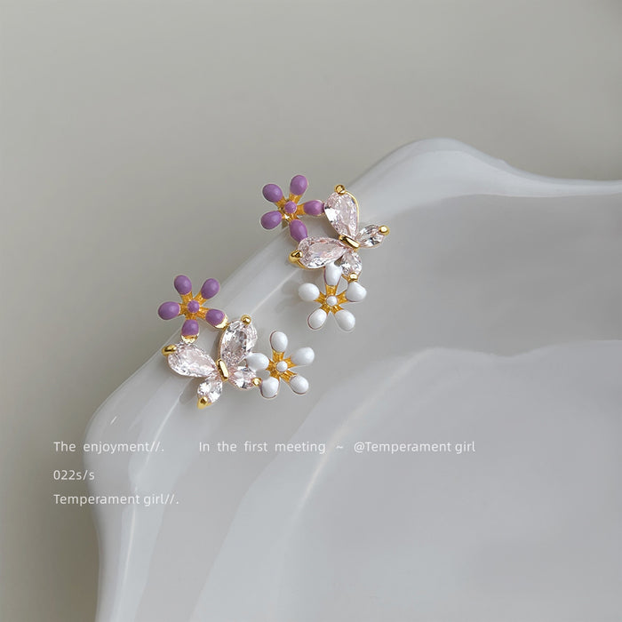 Gold Tone Purple Bud White Pearl Butterfly Branch Stud Earrings