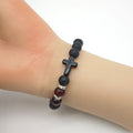 Matte Black Bead Cross Red Wood Accent Stretch Bracelet view 4