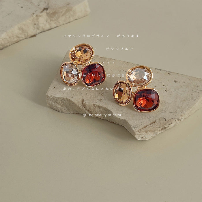 Gold-Tone Amber Brown Red Glass Crystal Cluster Studs Pair