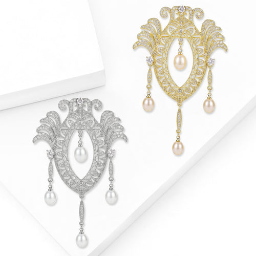 Ornate Filigree Brooch With Pearl Teardrop Dangles displayed at an angled product view