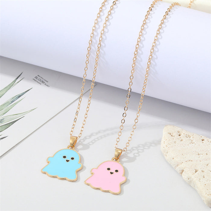 Gold Tone Pastel Enamel Ghost Figure Pendant Necklaces