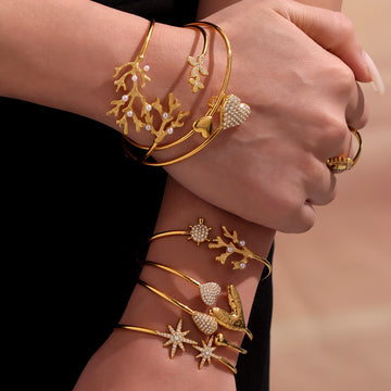 Open Bangle Bracelets Star Heart Coral Flower Zircon Steel