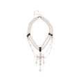Layered White Pearl Necklace with Silver Tone Cross Charms view 5
