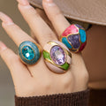 Oversized Enamel and Glass Statement Rings in Three Gold Tone Designs view 4