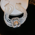 Clear Rectangle Crystal Halo Earrings And Five Row Pearl Like Necklace view 7