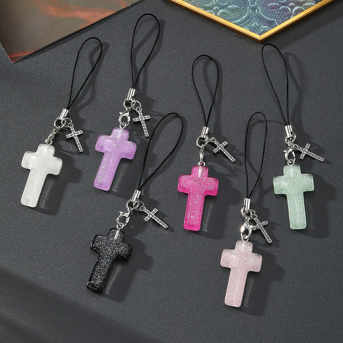 Glitter Resin Cross Phone Charms with Metal Cross 6 Colors