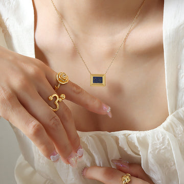 Gold Stepped Rectangle Blue Stone Inlay Pendant Necklace