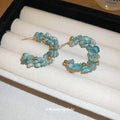 Blue Beaded Crescent Hoop Stud Earrings in Gold Tone view 3