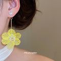 Yellow Fabric Flower Drop Earrings with Pearl Studs view 3