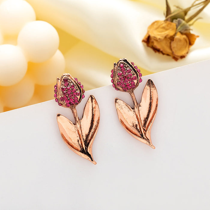 Rose Gold Pink Crystal Pave Tulip Leaf Stud Earrings
