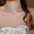 Silver Rhinestone Layered Pearl Teardrop Choker Necklace view 1