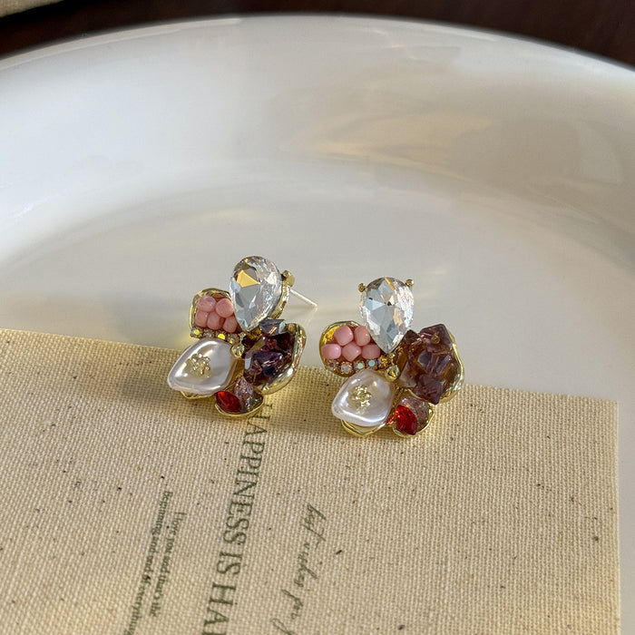 Blue Green and Pink Purple Faceted Flower Cluster Studs