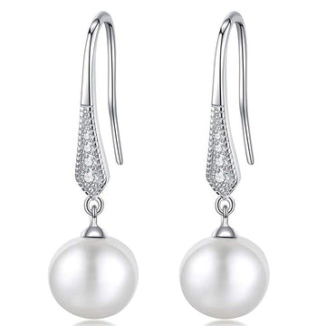 Silver Tone Round Pearl Fishhook Drop Earrings CZ Teardrop