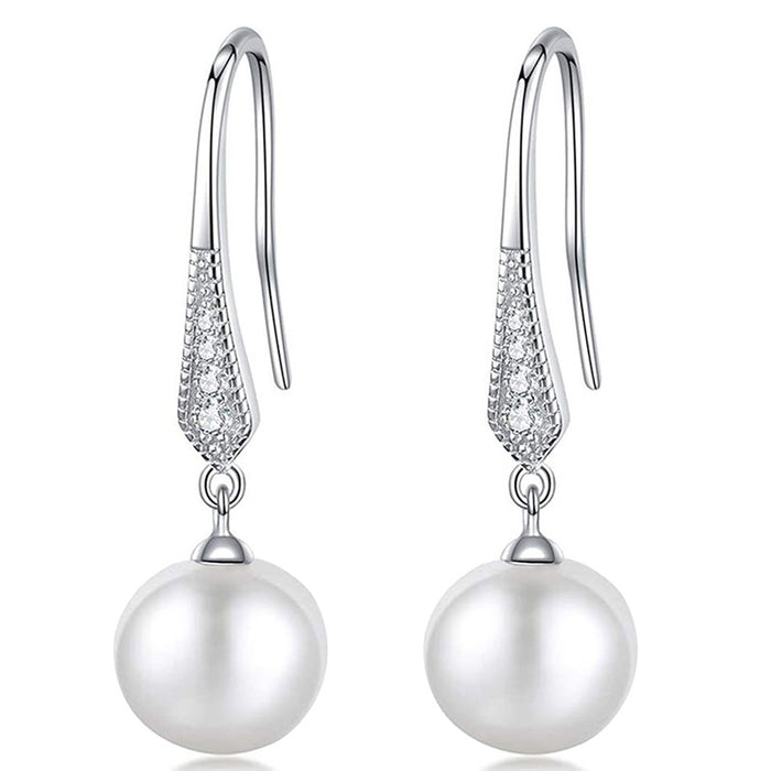 Silver-Tone Faux-Pearl Drop Earrings with CZ Detail, Brass Hooks